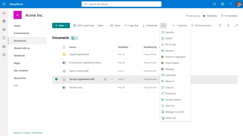 Send documents from SharePoint and other options