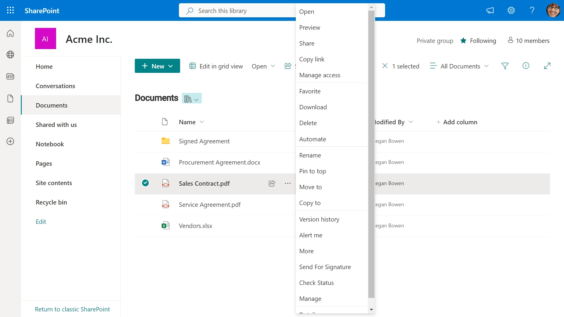 Send for signature Check Status Manage options