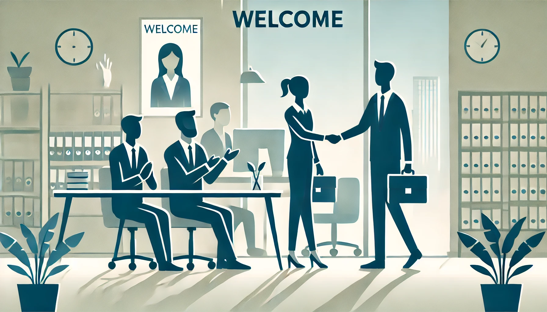 DALL·E 2025 01 23 09.09.32 A flat design illustration in the style of Flaticons depicting a new employee being welcomed to their job. The image features silhouettes without faci