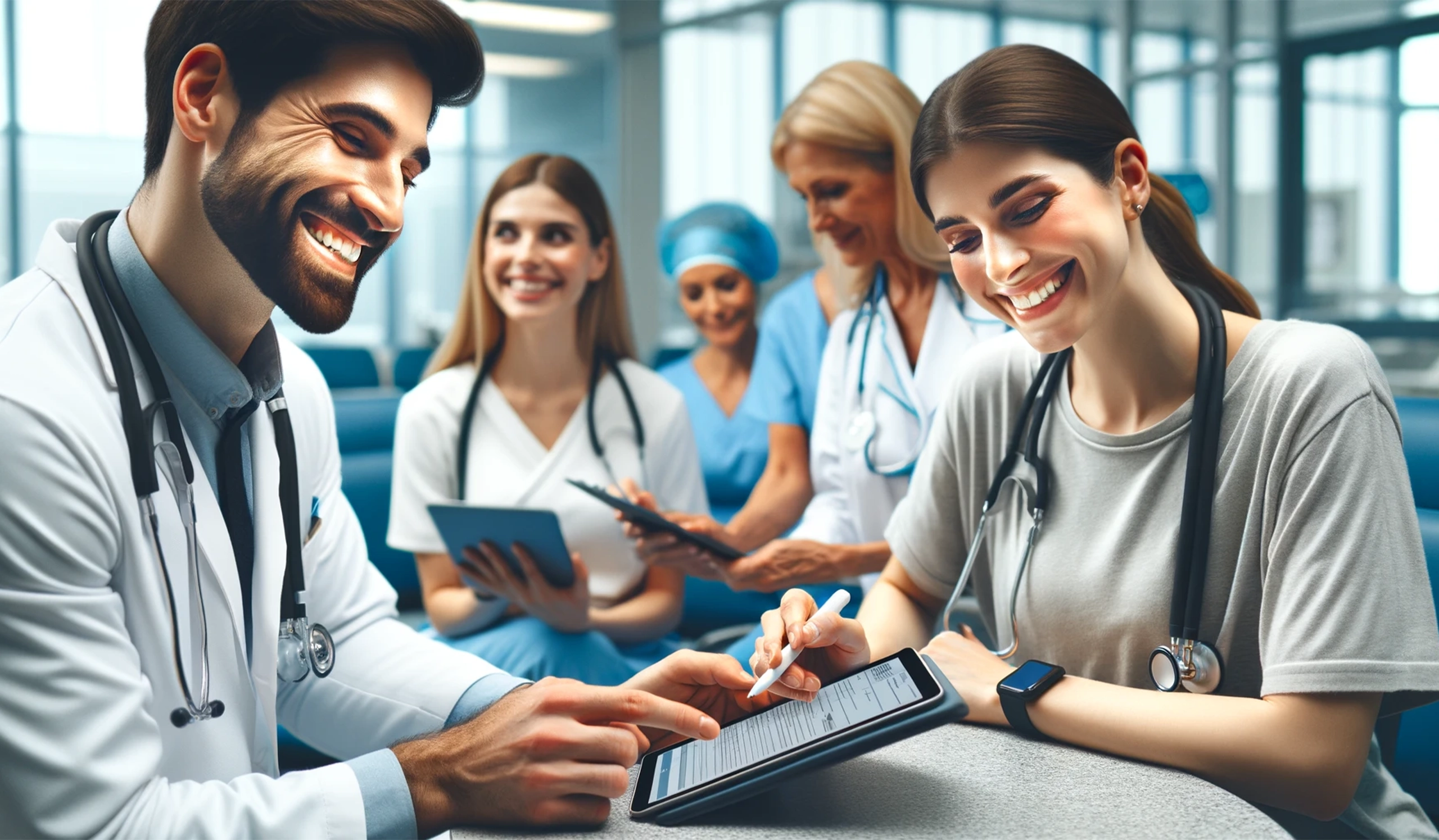 Happy group of doctors using electronic signatures to fill patient details, showcasing how Certinal eSign is revolutionizing healthcare at Thailand’s leading hospital