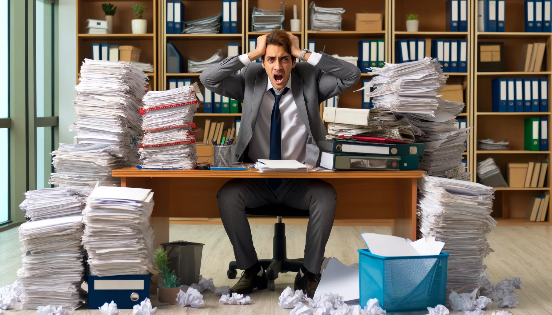 Stressed office worker buried in paperwork due to non-compliance with electronic signature laws, emphasizing the importance of avoiding common mistakes by adopting Certinal eSign.